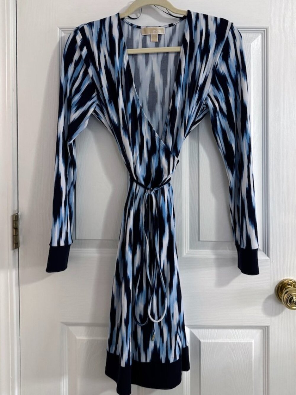 Michael Kors Blue Faux-Wrap Ikat Long Sleeve Dress Size Medium